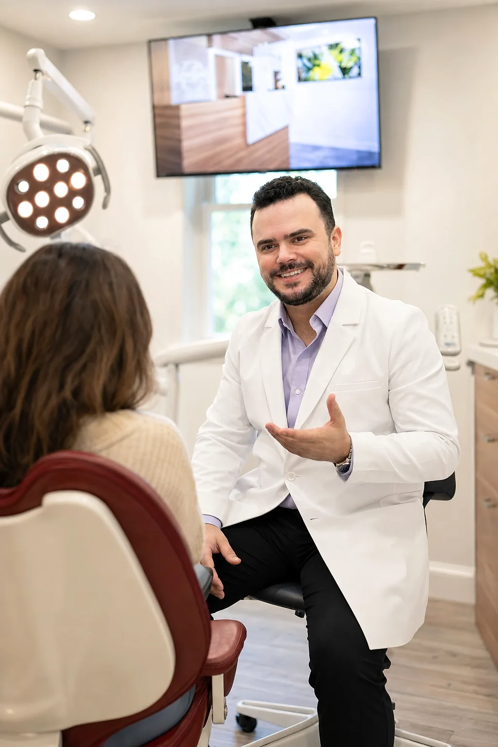 Dr. Daniel Avezoff talking with a patient in a Bellerose treatment room